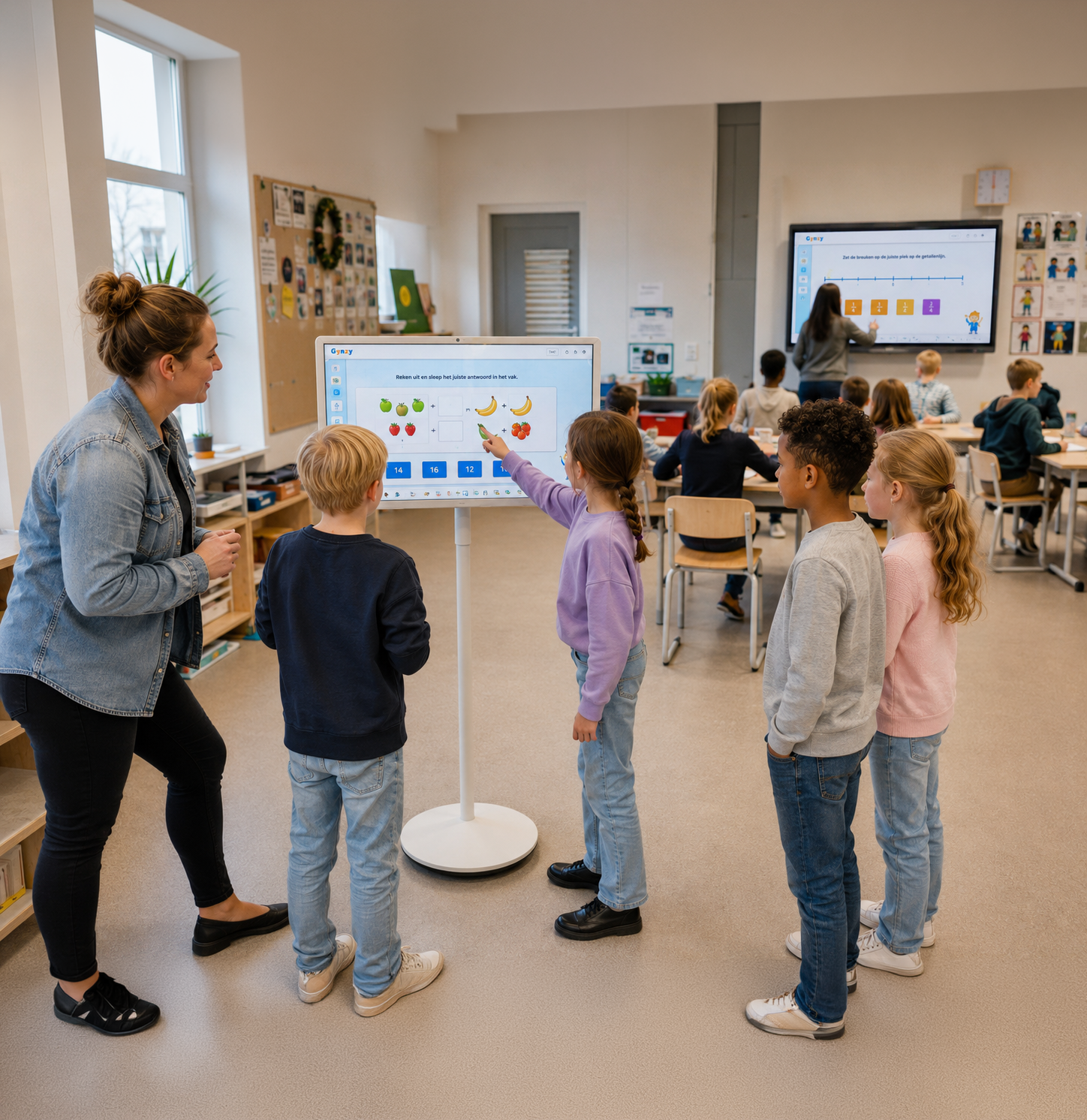 Een leerkracht werkt met een kleine groep rond Milo terwijl de rest van de klas via het digibord verderwerkt