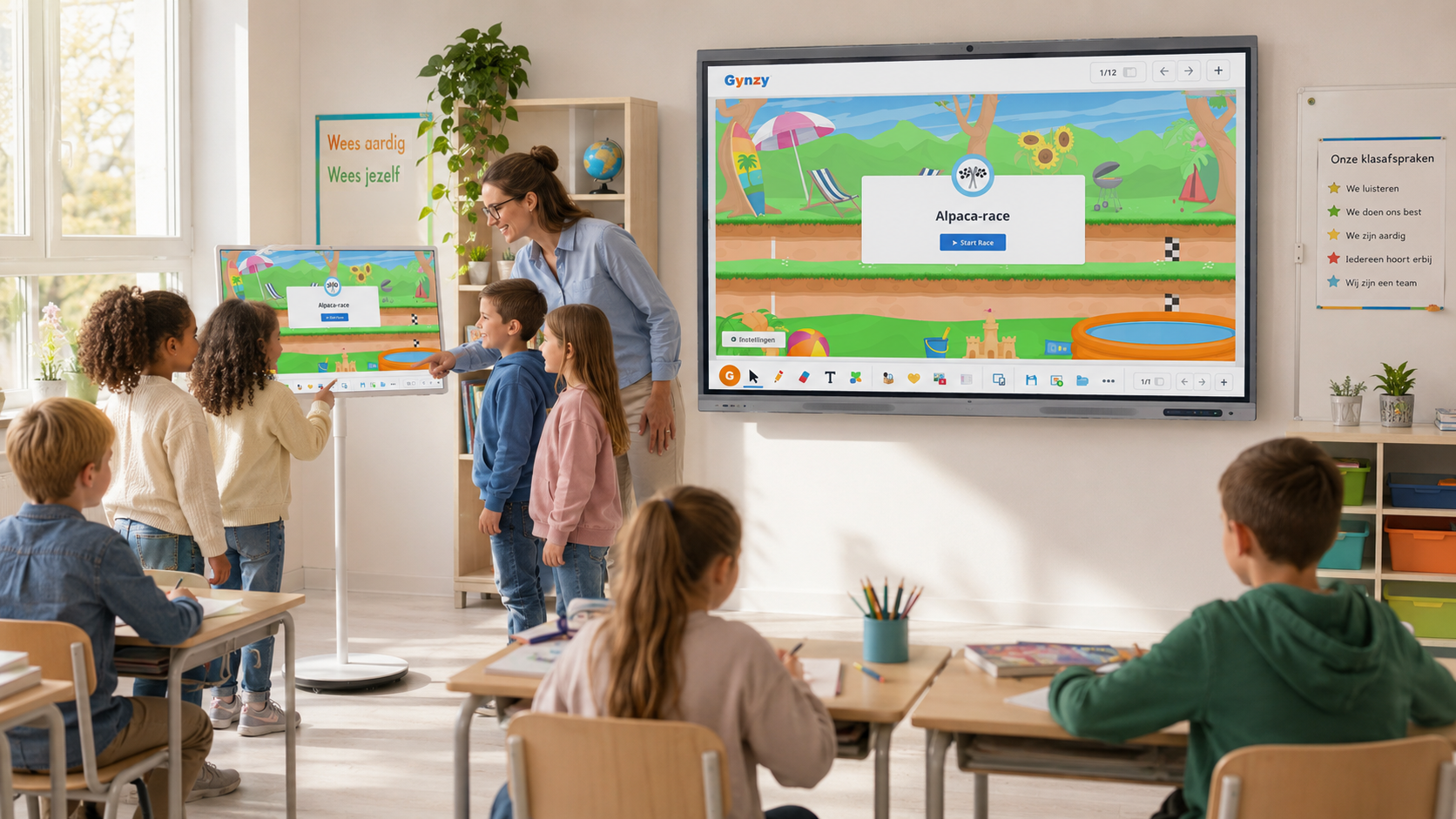 Leerlingen werken samen rond een interactief scherm in de klas