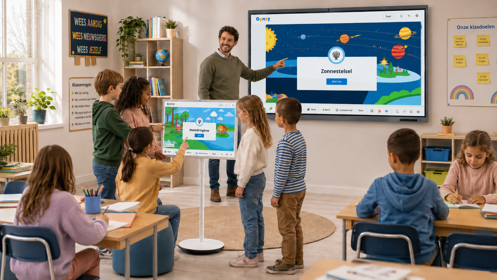 Leerkracht ondersteunt een groepje leerlingen bij een interactief scherm